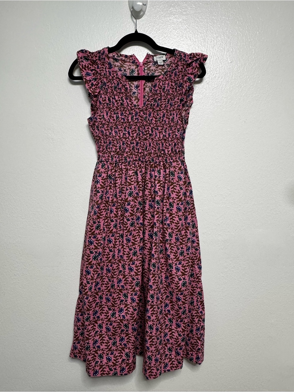 J. Crew Pink Floral Smocked Midi Dress with Navy Details